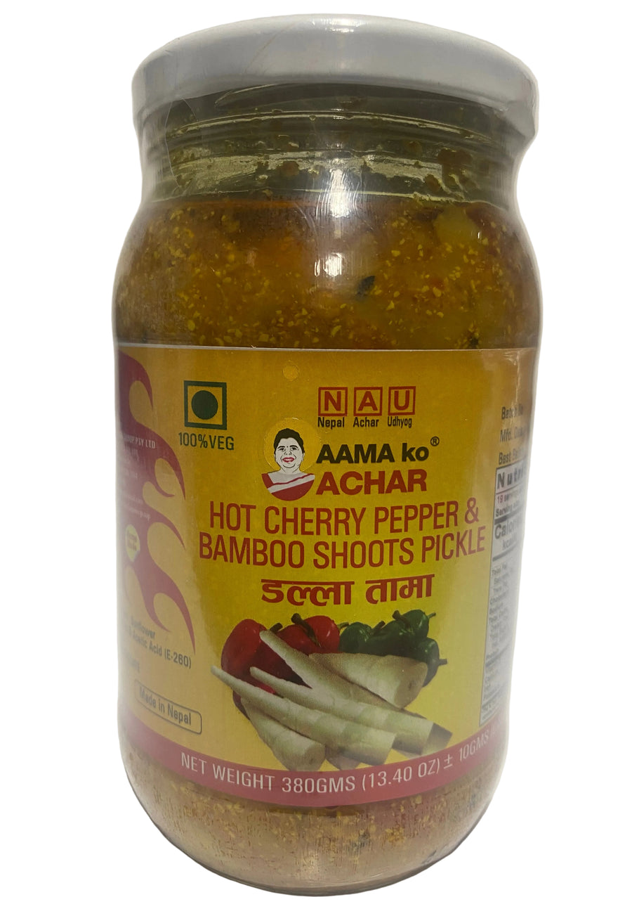 Hot Cherry Pepper & Bamboo Shoots Pickle (Dalle Tama): Aama ko Achar