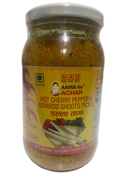 Hot Cherry Pepper & Bamboo Shoots Pickle (Dalle Tama): Aama ko Achar