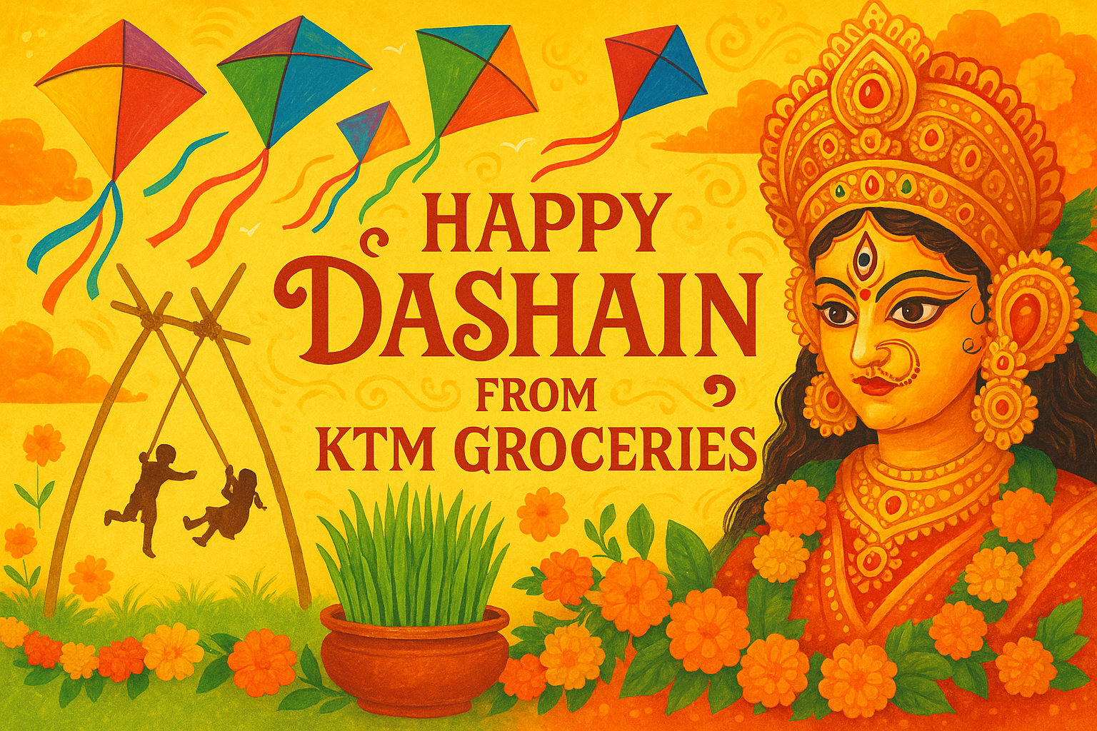 HAPPY DASHAIN FROM KTMGROCERIES,KITES,NEPALISWING,DURGA,JAMARA,BRIGHT IN COLOUR, 