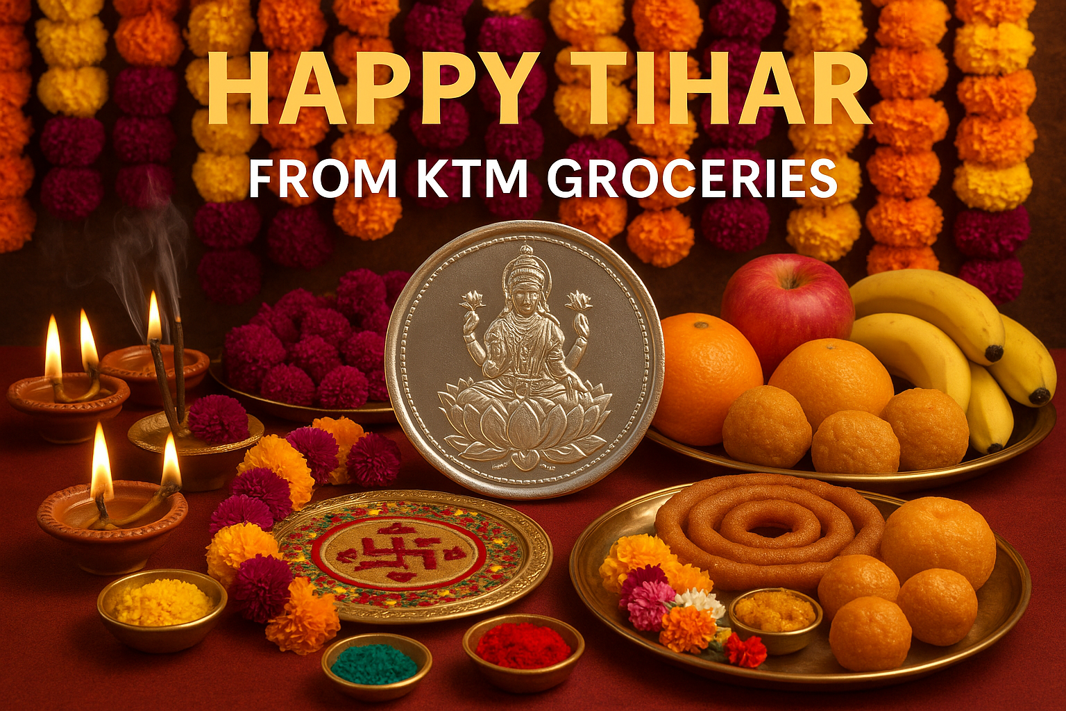 WISH HAPPY TIHAR FROM KTMGROCERIES BLESSING FROM GODDESS LAXMI SILVER COIN, GLOBE AMARANTH, MARIGOLD, CLAY DIYO, OFFERING FRUITS AND SWEETS, NEPALI MAHAPUJA AND BHAI TIKA IMAGES
